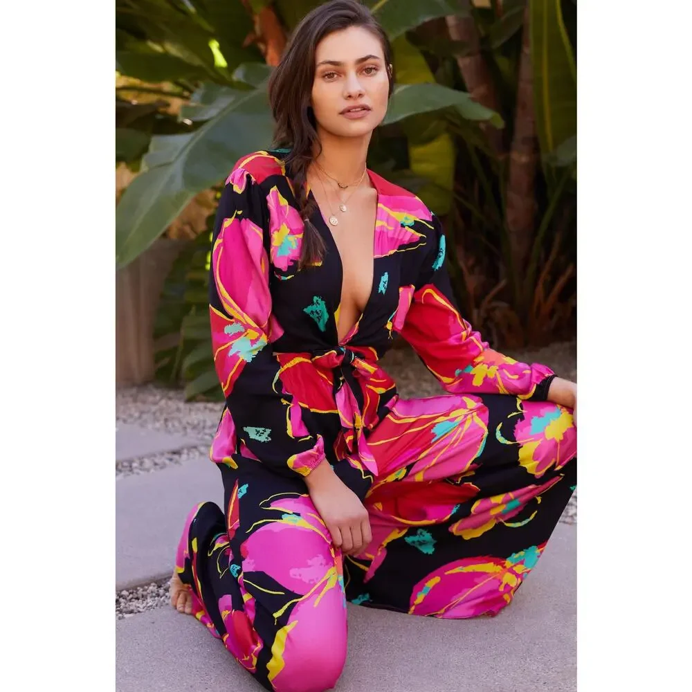 New Maaji Pink Floral Long Sleeve Cut-Out Jumpsuit - Size Small - Picture 4 of 7